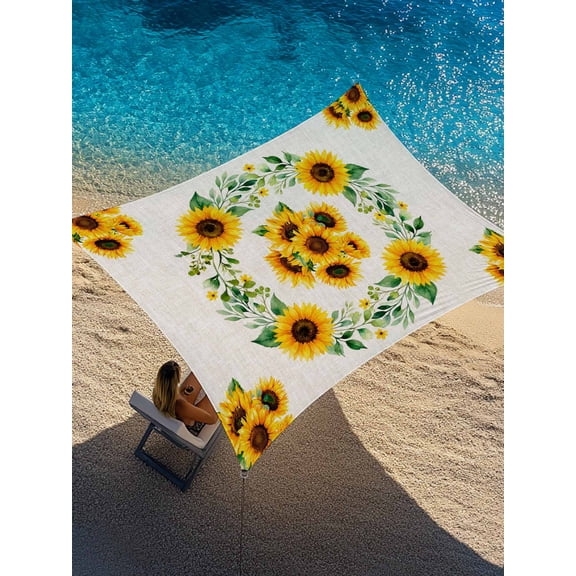 Summer Sunflower Sun Shade Sail 6.5' x 10', Yellow Floral Leaf Watercolor Linen Rectangle Outdoor Sunshade Canopy, Waterproof UV Block Patio Covers for Garden Yard Beach