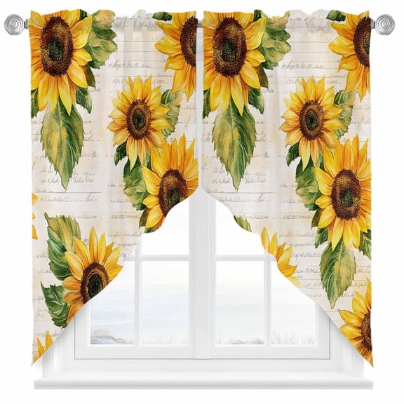 Summer Sunflower Swag Valances for Windows 2 Pack Yellow Flower Leaf Old Newspaper Swag Kitchen Curtains 63 Inches Long Rod Pocket Short Window Treatment for Kitchen Bathroom 36"x63"