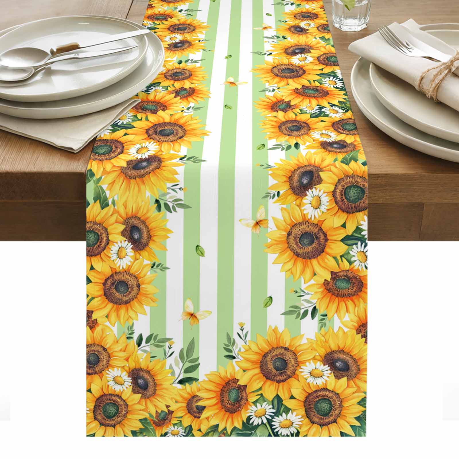 June Table Runner Summer Sunflower Table Runner 13 x 108 Inch, Daisy Butterfly Leaf Green ...