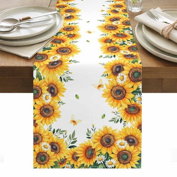 Summer Sunflower Table Runner - 48 Inch Long, Kitchen Dining Table Runner Dresser Scarves, Daisy Leaves Butterfly Botanical Farmhouse Decor for Coffee Tables Wedding Party Banquet