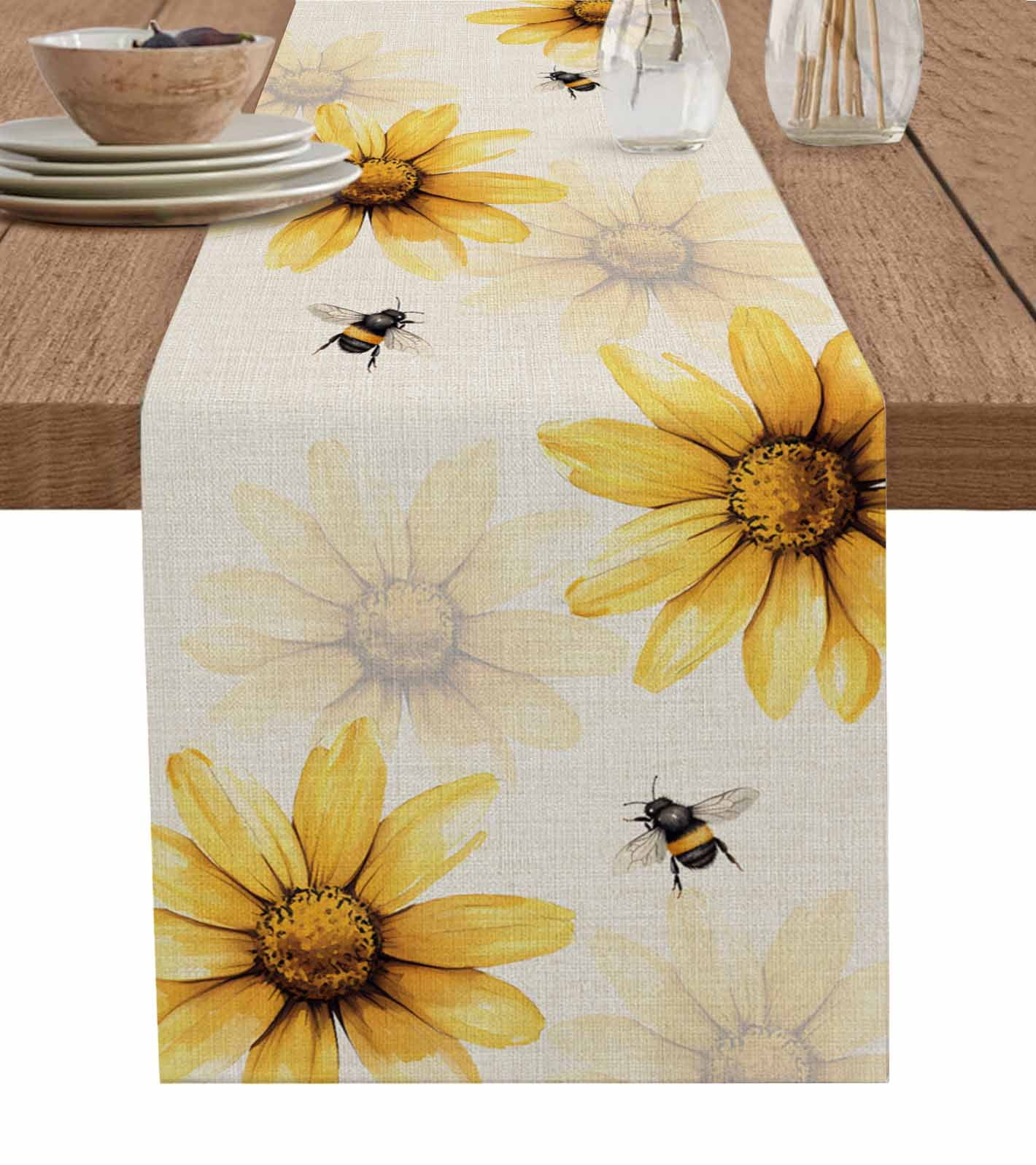 Extra Long Sunflower & Bee Table Runner - 13x120 Inch Cotton Linen Rustic Farmhouse Decor - View #12