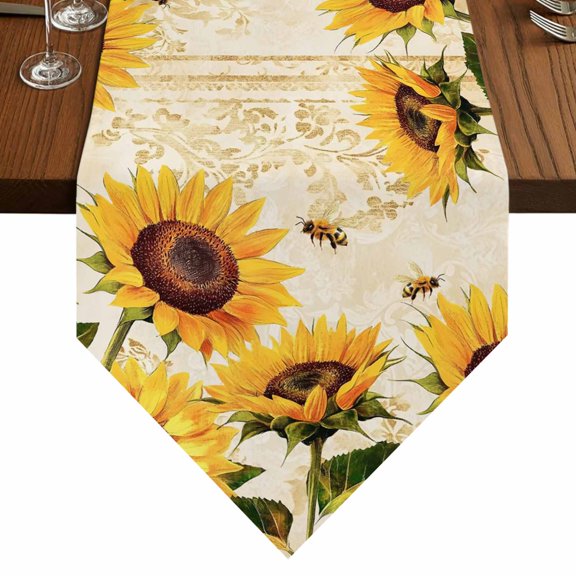 Summer Sunflower Table Runner for Dining Room, Bee Watercolor Flowers Cotton Linen Dining Table Runner Tablecloth Dresser Scarves for Kitchen Cafe 14x72 Inches Long