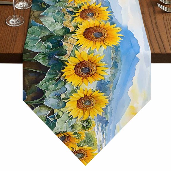Summer Sunflower Table Runner for Dining Room, Plant Mountain Nature Field Painting Style Cotton Linen Dining Table Runner Tablecloth Dresser Scarves for Kitchen Cafe 13x36 Inches Long