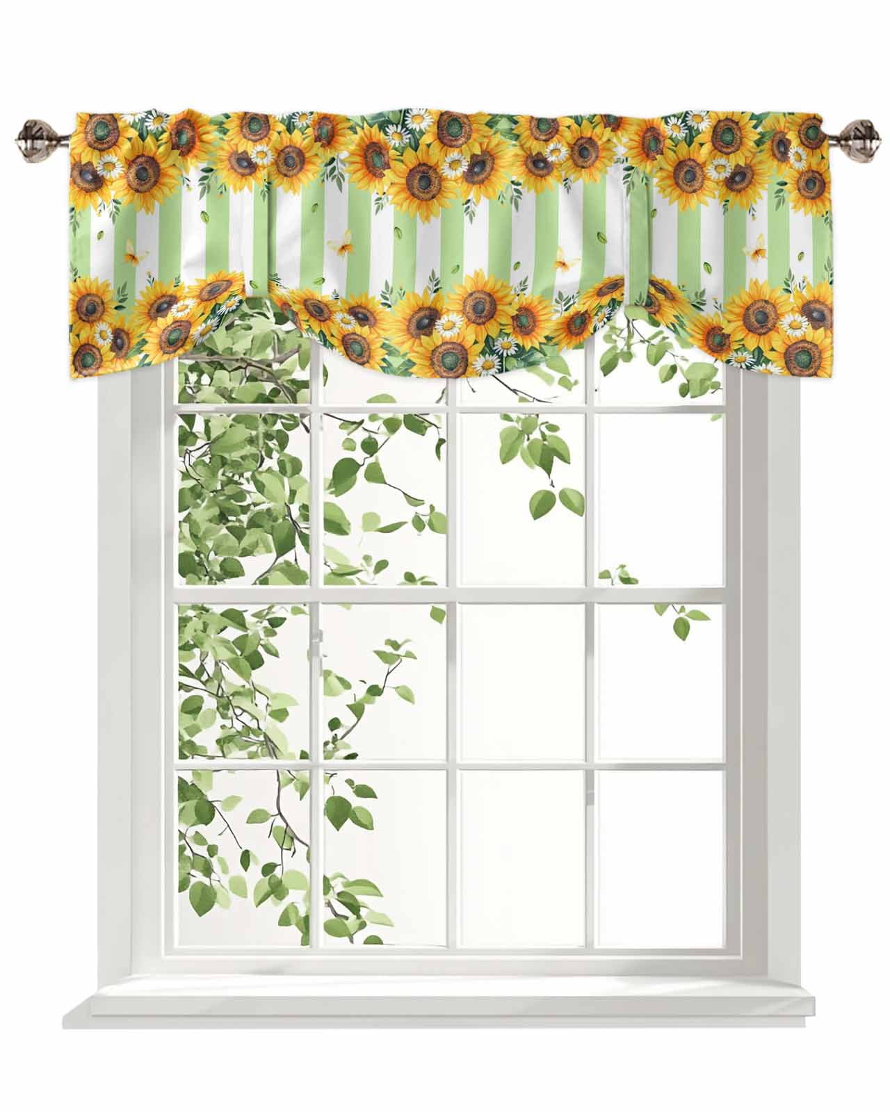 Summer Sunflower Tie Up Valances Curtain, Adjustable Kitchen Daisy Butterfly Leaf Green White Stripe Valances for Windows Decor, Rod Pocket Short Curtains Set for Bedroom/Bathroom, 54"x18"