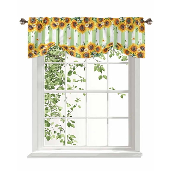 Summer Sunflower Tie Up Valances Curtain, Adjustable Kitchen Daisy Butterfly Leaf Green White Stripe Valances for Windows Decor, Rod Pocket Short Curtains Set for Bedroom/Bathroom, 42"x12"