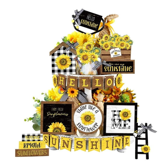 Summer Sunflower Tiered Tray Decor Set – Rustic Wood Sign & Miniature Decor for Farmhouse Kitchen Table or Shelf