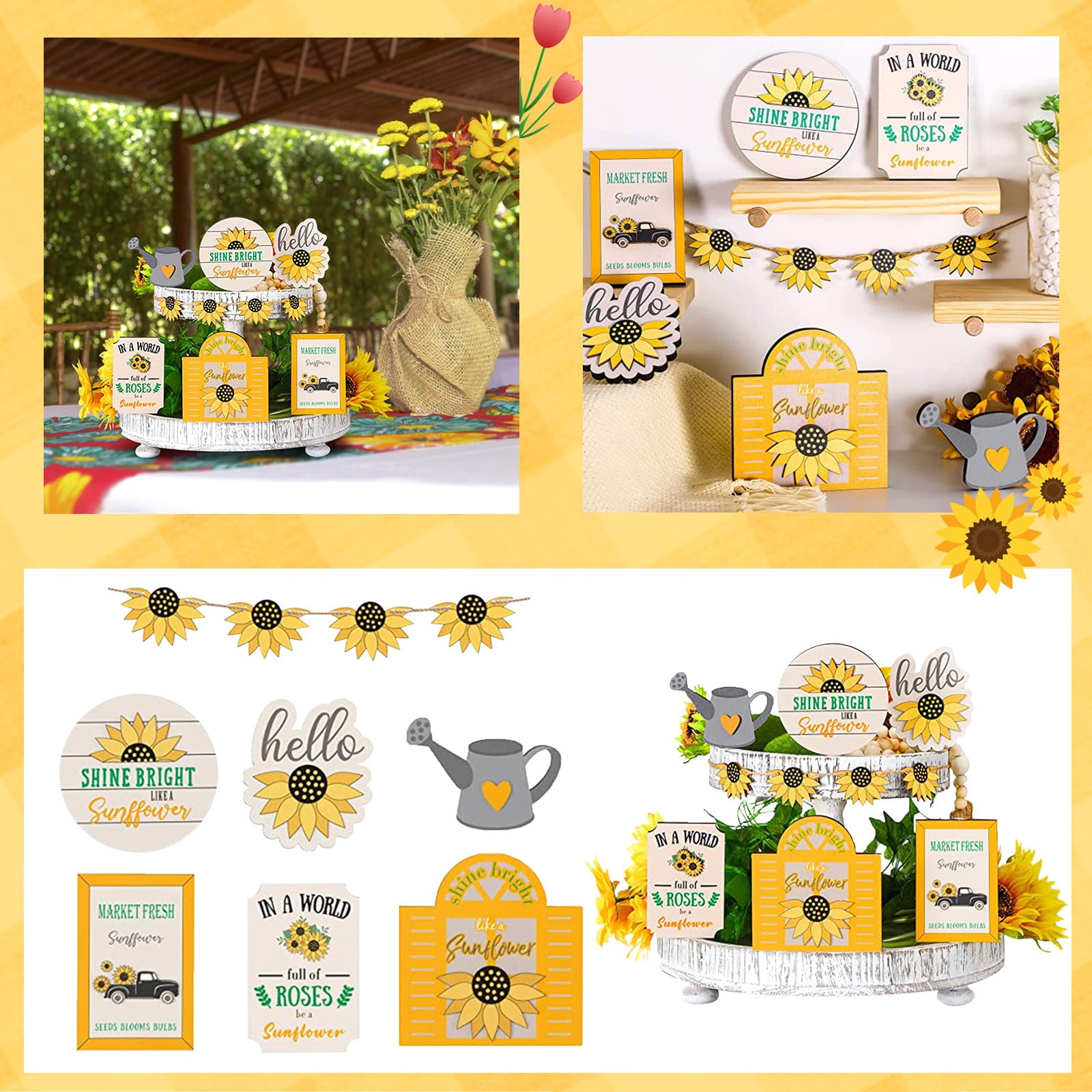 Summer Sunflower Tiered Tray Farmhouse Wood Tiered Tray Decorative