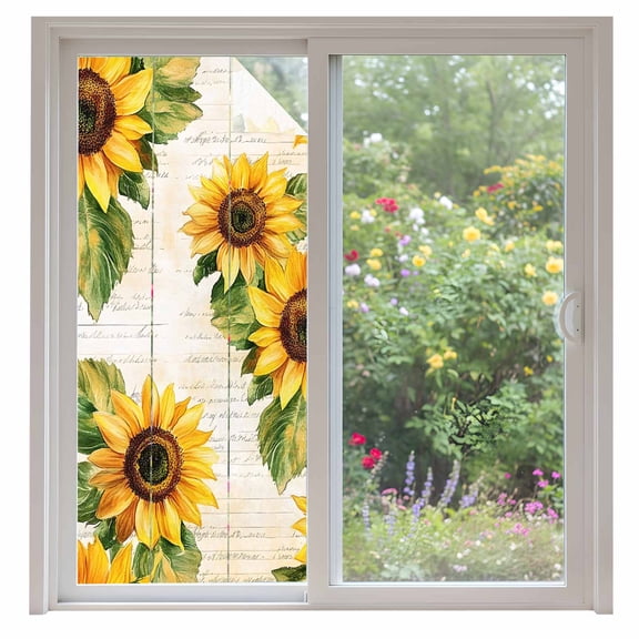 Summer Sunflower Window Privacy Film Yellow Flower Leaf Old Newspaper Decorative Glass Window Film UV Blocking Static Cling Non-Adhesive Sticker Covering for Home Door 35.4x78.7 inches