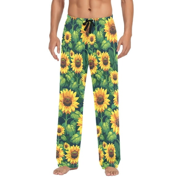 Summer Sunflower and Leaves Men's Pajama Pants Cotton Long Sleepwear Lounge Pants M