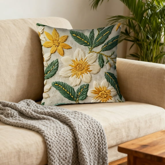 Summer Sunflower printed Pillow Covers 18”x18” Set of 4 –Spring Summer Floral Throw Pillow Covers with 3D Effect Imitation Embroidered for Couch, Sofa, Outdoor Patio, Seasonal Home Decor