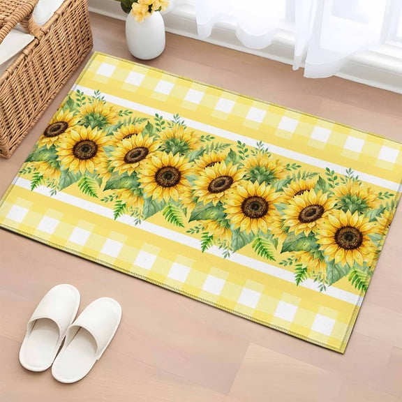 Summer Sunflowers 2'x3' Rug for Entryway Front Door Kitchen Sink Area, Yellow Buffalo Plaid Floral Green Leaves Low Pile Non Slip Rectangle Area Rug, Machine Washable Indoor Outdoor Mat