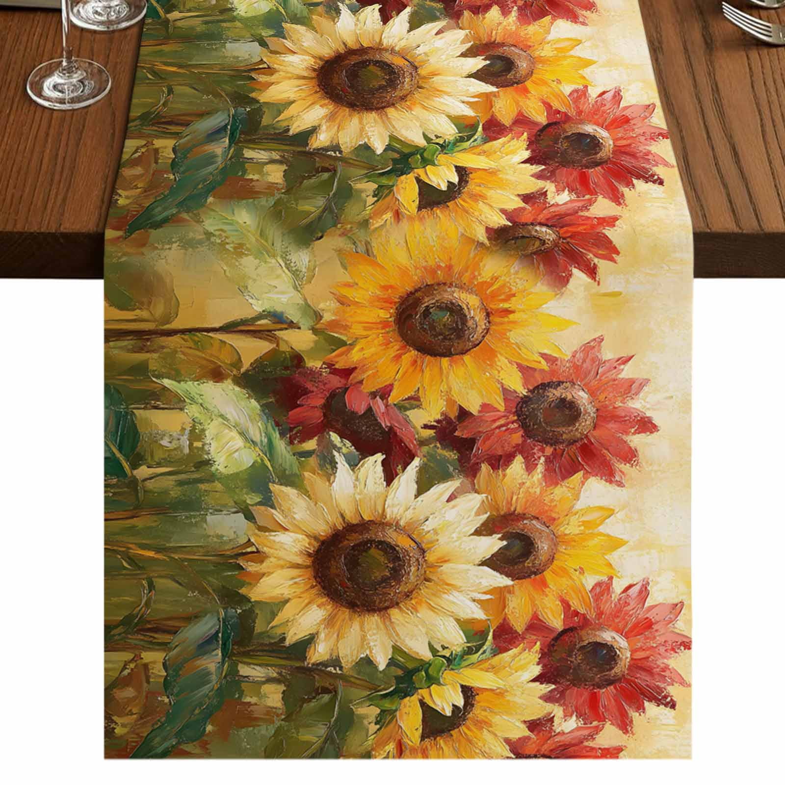 Summer Sunflowers 36 Inch Table Runner, Abstract Oil Painting Red ...