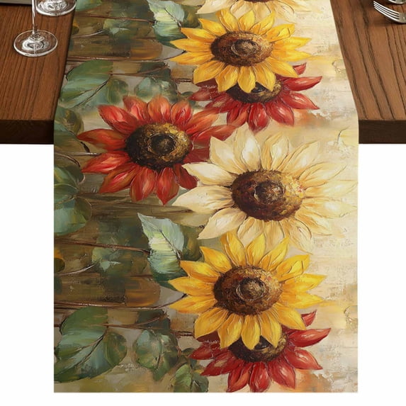 Summer Sunflowers 72 Inch Table Runner, Vintage Oil Painting Red Yellow Floral Farmhouse Dresser Scarf Cotton & Linen Tablerunner for Dining/Kitchen Island/Holiday Party Décor 13" x 72"