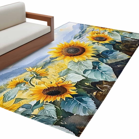 Summer Sunflowers Area Rug 2.7x5ft Nature Scenery Sky Mountain Watercolor Retro Non-Slip Washable Square Rugs Soft Felt Indoor Floor Mat for Bedroom Kitchen Living Room Bathroom