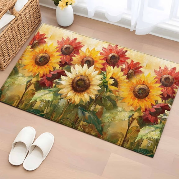 Summer Sunflowers Bathroom Rug Washable 2x3 Entryway Rug Non Slip Abstract Oil Painting Red Yellow Floral Front Door Mat Low Pile Indoor Doormat Throw Floor Carpet for Kitchen Bedroom Entrance