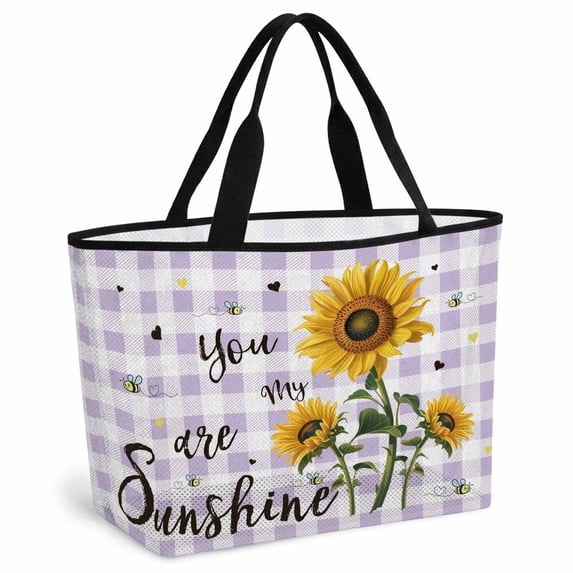 Summer Sunflowers Beach Bag for Women, Large Breathable Mesh Beach Tote Bag, Bees Pastoral Country Purple Plaid Sandproof Lightweight Travel Bags for Vacation Picnic Swimming Pool 15.7"x15.7"x9.1"