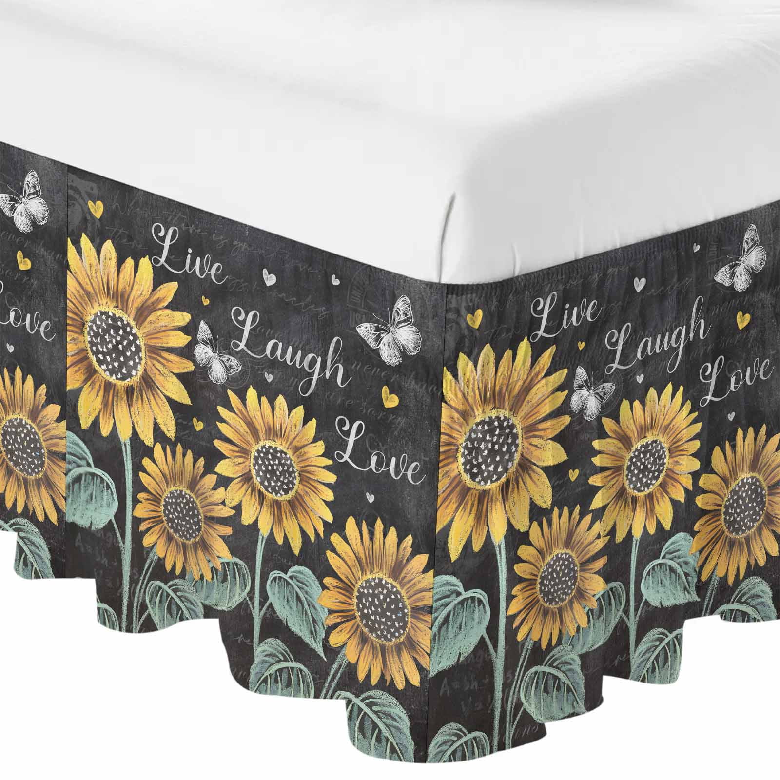 Summer Sunflowers Bed Skirt King Size 18 Inch Drop, Elastic Wrap Around Bed Skirts Pleated Luxury Dust Ruffles For Twin Full Queen Cal King Base Beds, Farmhouse Cartoon Botanical Flowers