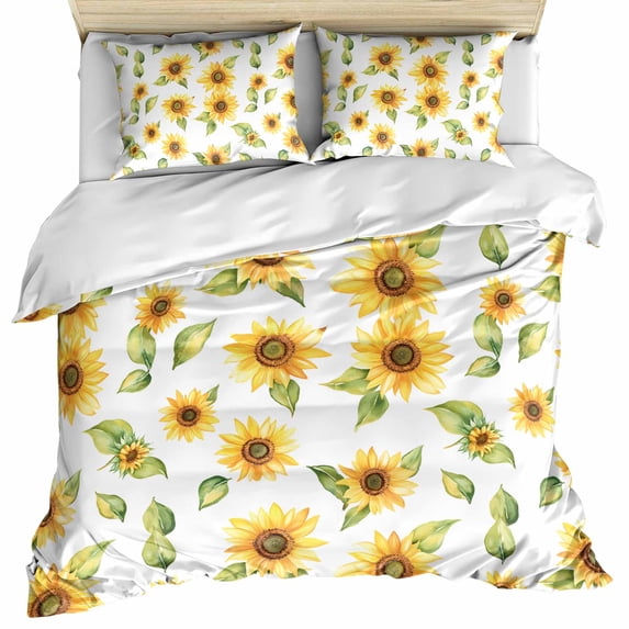 Summer Sunflowers Bedding 3 Piece Duvet Cover Set California King, Watercolor Botanical Floral Leaves Soft Microfiber Comforter Cover with Zipper Closure & Pillowcases, FadeResistant Quilt Cover