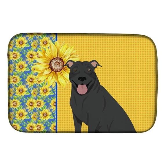 Summer Sunflowers Black Pit Bull Terrier Dish Drying Mat 14 in x 21 in