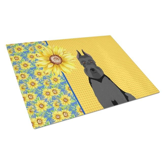Summer Sunflowers Black Schnauzer Glass Cutting Board Large 12 in x 15 in