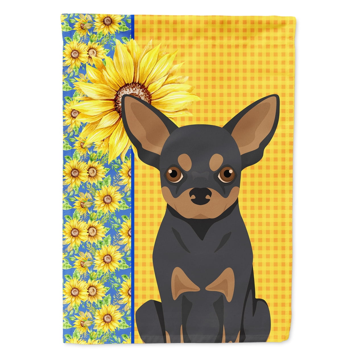 Summer Sunflowers Black and Tan Chihuahua Flag Canvas House Size 28 in x 40 in