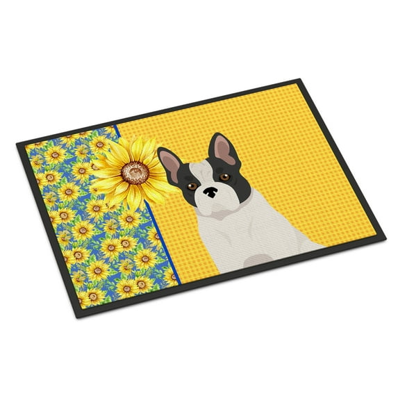 Summer Sunflowers Black and White French Bulldog Indoor or Outdoor Mat 18x27 27 in x 18 in