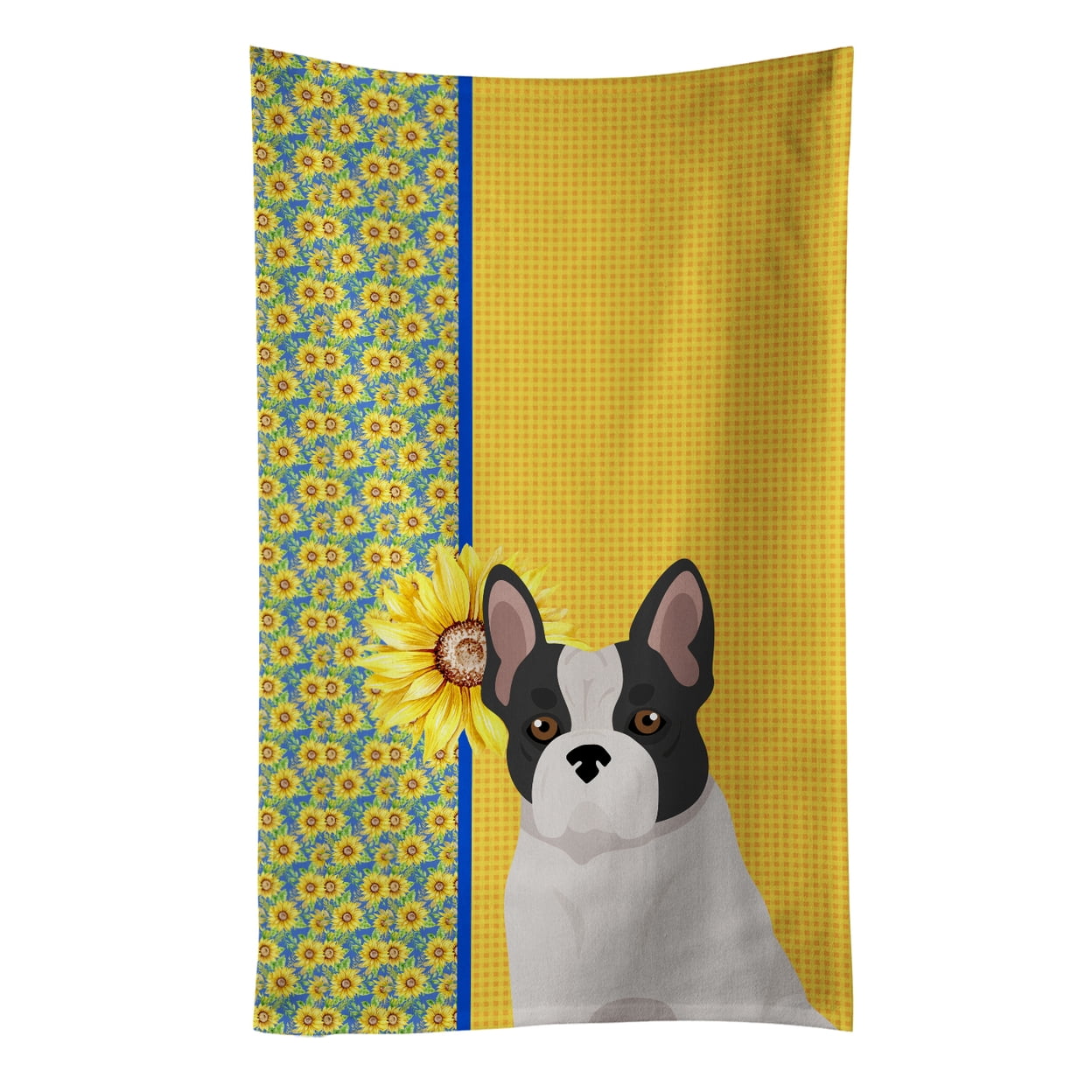 Summer Sunflowers Black and White French Bulldog Kitchen Towel