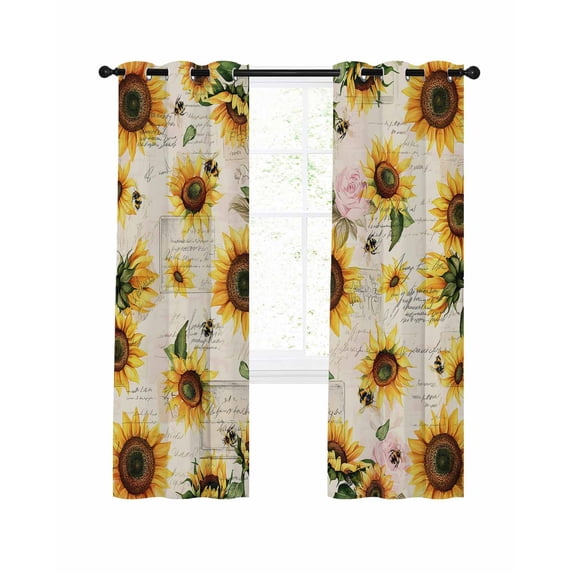 Summer Sunflowers Blackout Curtains, Light Blocking Print Window Curtains, Pastoral Rose Floral Farmhouse Vintage Thermal Insulated Window Drapes for Living Room 2 Panels, 104"W x 52"L