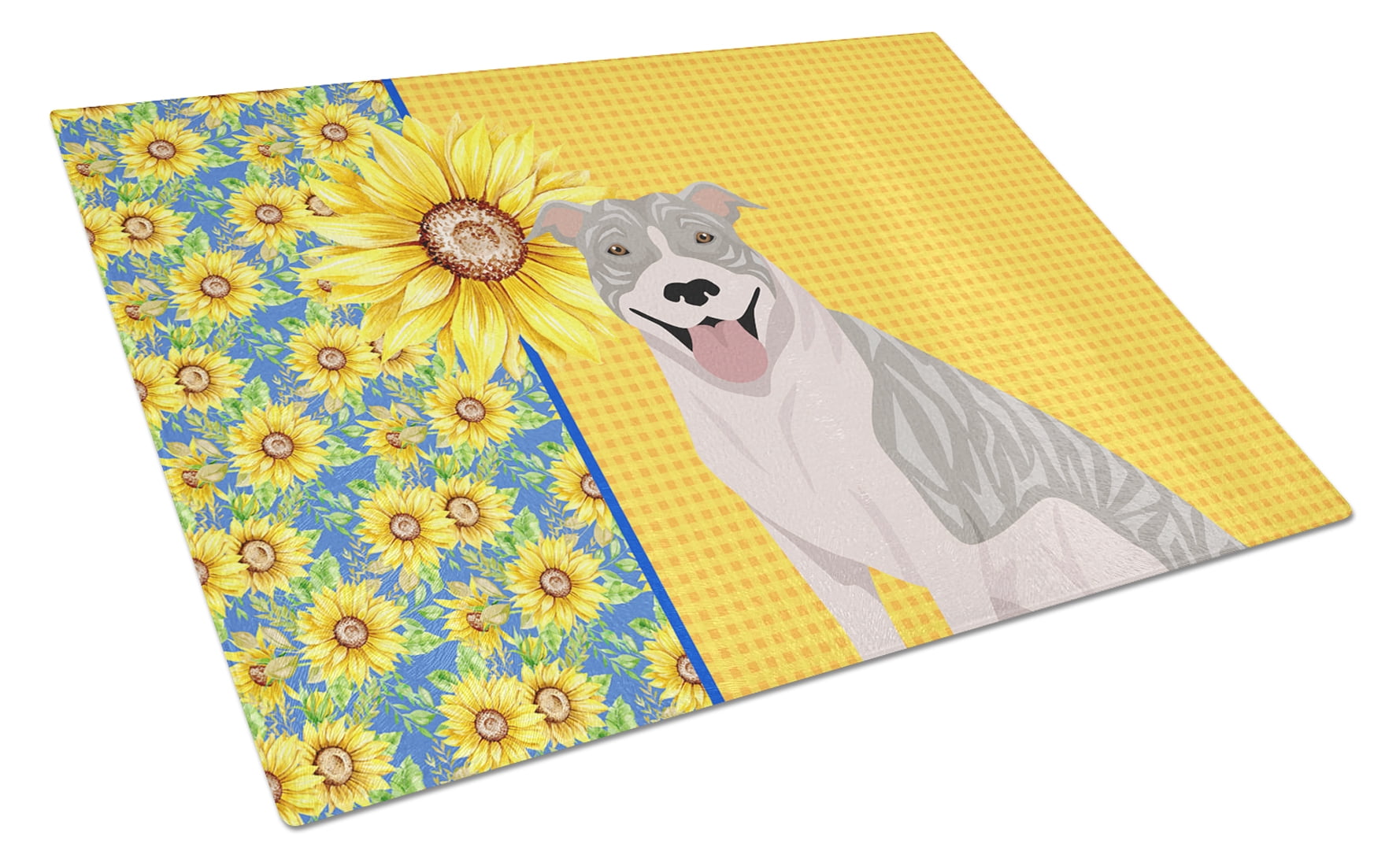Summer Sunflowers Blue Brindle Pit Bull Terrier Glass Cutting Board Large 12 in x 15 in