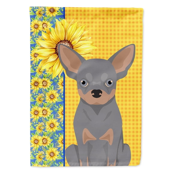 Summer Sunflowers Blue and Tan Chihuahua Flag Canvas House Size 28 in x 40 in