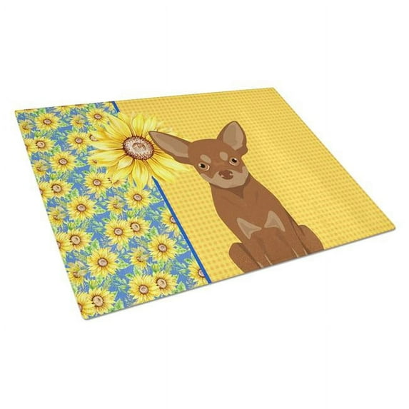 Summer Sunflowers Chocolate and Tan Chihuahua Glass Cutting Board Large 12 in x 15 in
