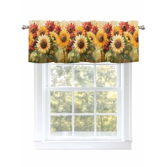 Summer Sunflowers Curtain Valances for Windows, Abstract Oil Painting Red Yellow Floral Kitchen Valance Window Treatment, Light Filtering Block Curtains for Bathroom/Bedroom/Living Room 42'' x 12''