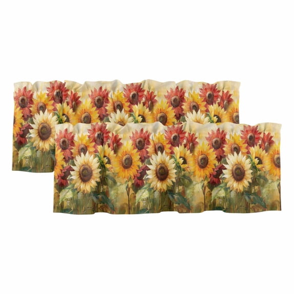 Summer Sunflowers Curtain Valances for Windows, Kitchen Valance Window Treatments Panel 2 Pack, Abstract Oil Painting Red Yellow Floral Rod Pocket Short Curtains for Bathroom Bedroom 42 x 12 Inch