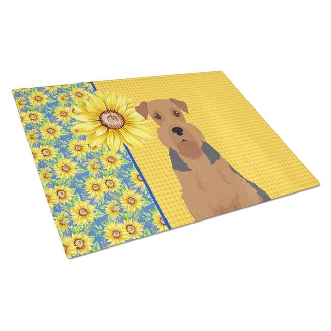 Summer Sunflowers Grizzle and Tan Airedale Terrier Glass Cutting Board Large 12 in x 15 in