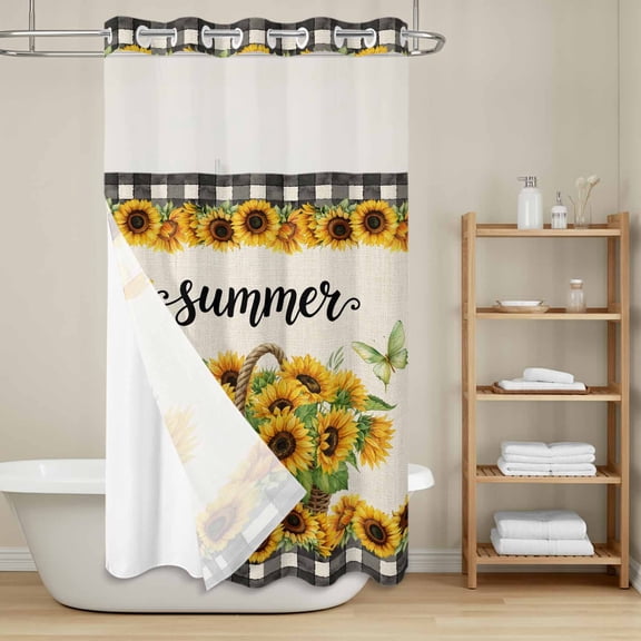 Summer Sunflowers No Hook Shower Curtain with Snap in Liner, Vintage Yellow Floral Butterfly Linen Texture Waterproof Shower Curtains with See Through Top Window Liner for Bathroom, 54x78 Inches