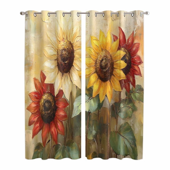 Summer Sunflowers Kitchen Curtains 96 Inch Length, Vintage Oil Painting Red Yellow Floral Grommet Top Bedroom Living Room Curtains, Light Filtering Cafe Curtain Drapes 2 Panels Set 104''x96''