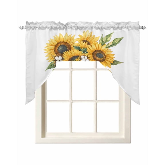 Summer Sunflowers Kitchen Curtains Swag Valance for Windows/Bathroom/Cafe, Spring Botanical Flowers Floral Bow Rod Pocket Drape Panel Swag Curtain Valance for Bedroom/Living Room 55''x36''