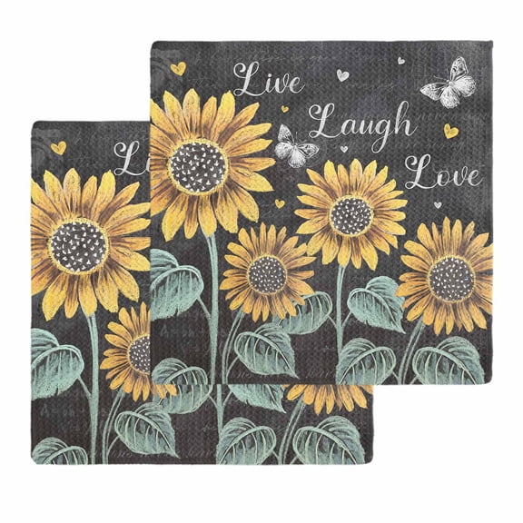 Summer Sunflowers Kitchen Dish Towels for Drying Dishes Set of 2, Farmhouse Cartoon Botanical Flowers Waffle Weave Microfiber Hand Tea Bathroom Towels Quick Dry & Absorbent Towel 12x12