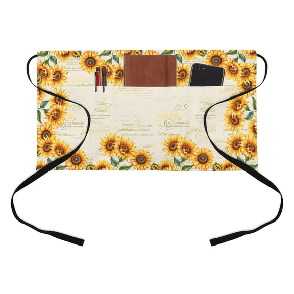 Summer Sunflowers Kitchen Restaurant Half Waist Apron, Farmhouses Retro Yellow Floral Server Short Apron with 3 Pockets Waterproof Oil Waist Aprons for Women Waitress Waiter