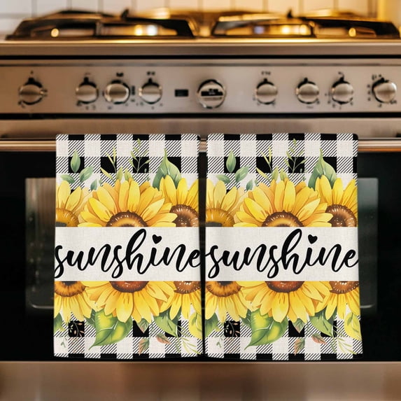 Summer Sunflowers Kitchen Towels Set of 1, Country Botanical Florals Black Plaid Absorbent Dish Towels for Kitchen, Microfiber Hand Towel, Quick Drying Tea Towel for Cleaning Decorative Dishcloths