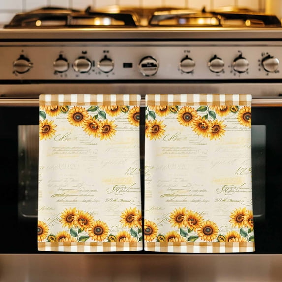 Summer Sunflowers Kitchen Towels Set of 2, Country Botanical Flowers Leaves Absorbent Dish Towels for Kitchen, Microfiber Hand Towel, Quick Drying Tea Towel for Cleaning Decorative Dishcloths
