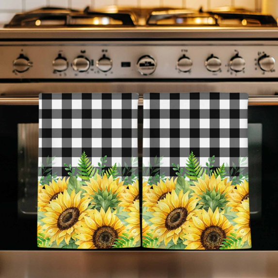 Summer Sunflowers Kitchen Towels Set of 2, Rustic Botanical Flowers Black Plaid Absorbent Dish Towels for Kitchen, Microfiber Hand Towel, Quick Drying Tea Towel for Cleaning Decorative Dishcloths