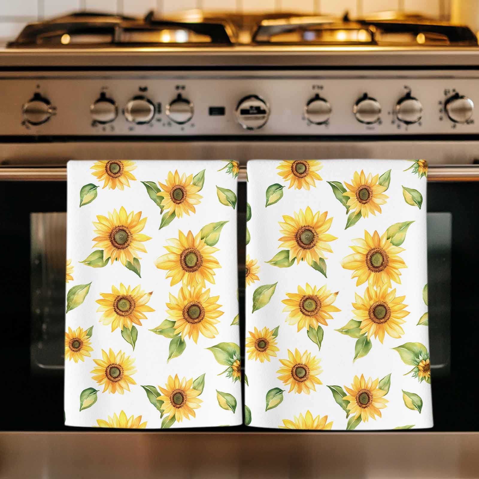 Summer Sunflowers Kitchen Towels Set of 2, Watercolor Botanical Floral Leaves Absorbent Dish Towels for Kitchen, Microfiber Hand Towel, Quick Drying Tea Towel for Cleaning Decorative Dishcloths