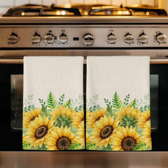 Summer Sunflowers Kitchen Towels Set of 3, Botanical Country Flowers Leaves Absorbent Dish Towels for Kitchen, Microfiber Hand Towel, Quick Drying Tea Towel for Cleaning Decorative Dishcloths