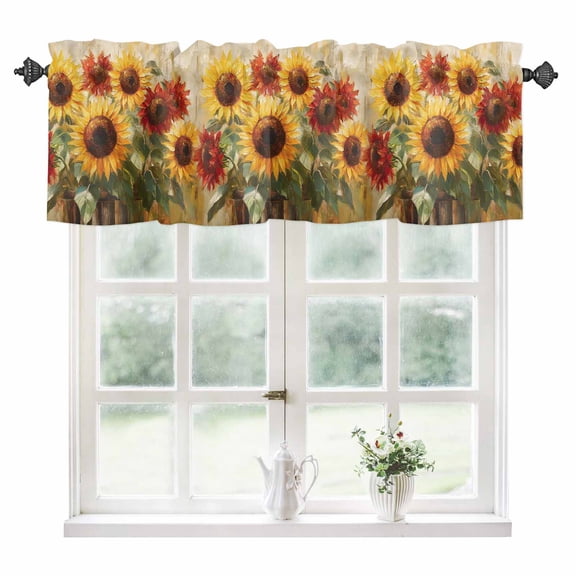 Summer Sunflowers Kitchen Valances for Windows 42x12 Inch Kitchen Curtains Valances Rod Pocket Rustic Oil Painting Red Yellow Floral Bathroom Window Valances for Window Treatment Decor