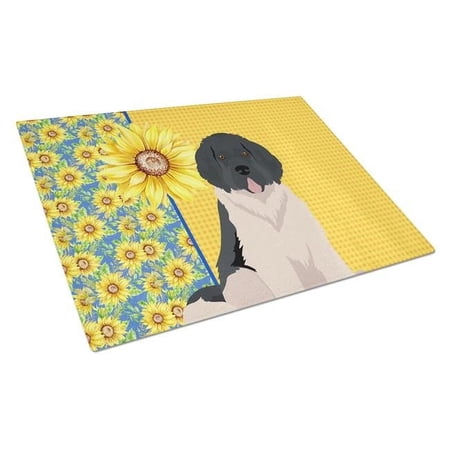 Summer Sunflowers Landseer Newfoundland Glass Cutting Board Large 12 in x 15 in