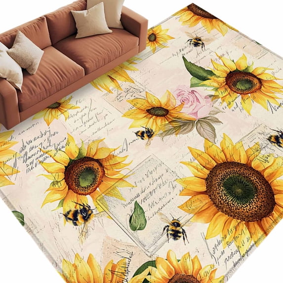 Summer Sunflowers Large Area Rugs for Bedroom Living Room, Non Slip Carpet Bedside Rug, Pastoral Rose Floral Farmhouse Vintage Rectangular Floor Cover Kitchen Accent Rug 5'x7' for Dining Room/Office