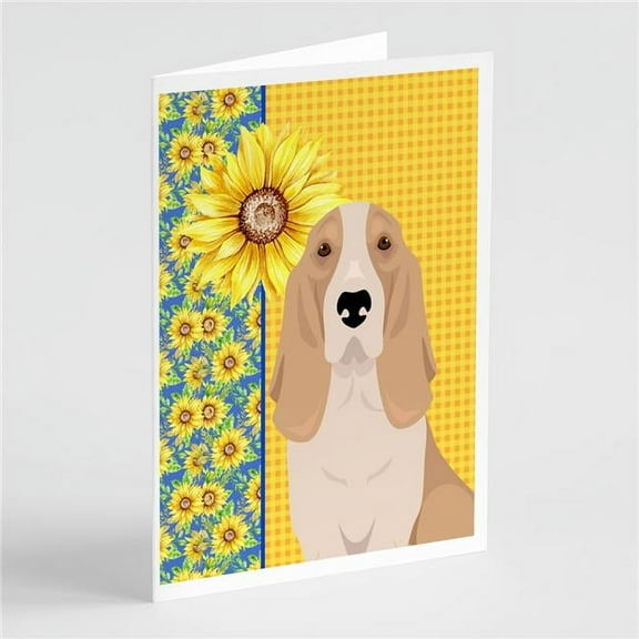 Summer Sunflowers Lemon and White Tricolor Basset Hound Greeting Cards and Envelopes Pack of 8 7 in x 5 in