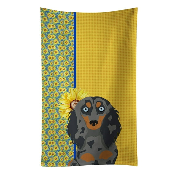 Summer Sunflowers Longhair Blue and Tan Dapple Dachshund Kitchen Towel