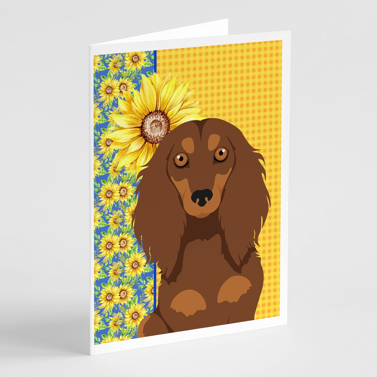 Summer Sunflowers Longhair Chocolate and Tan Dachshund Greeting Cards and Envelopes Pack of 8 7 in x 5 in